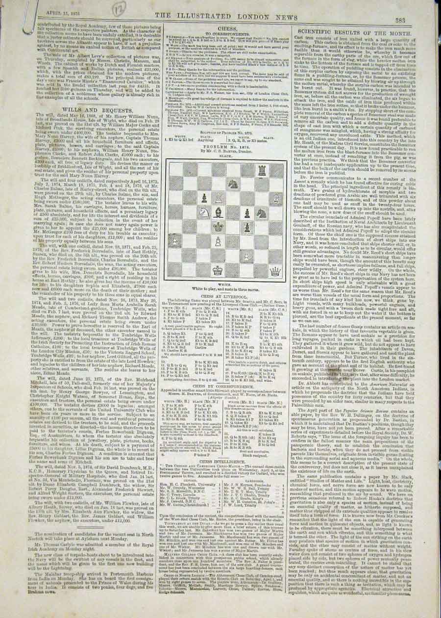 Original Old Antique Print Chess Problems And Solutions 1876 19th