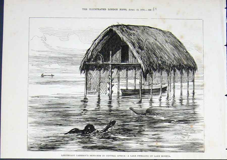 Old Antique Print Lieutenant Cameron Africa Lake Moheya Dwelling 1876 Art 19th