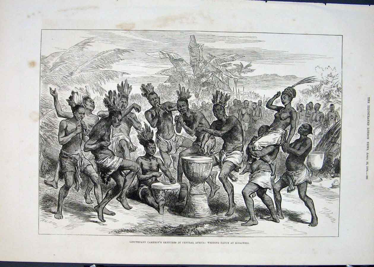 Original Old Antique Print Lieutenant Cameron Sketches Africa Wedding Dance 1876