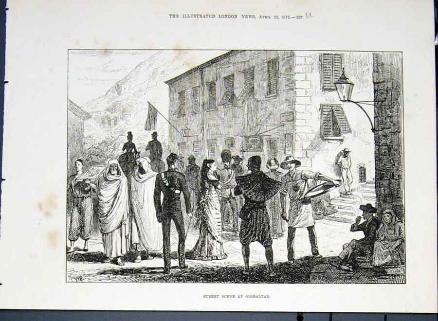Original Old Antique Print Street Scene Gibralta India 1876 19th