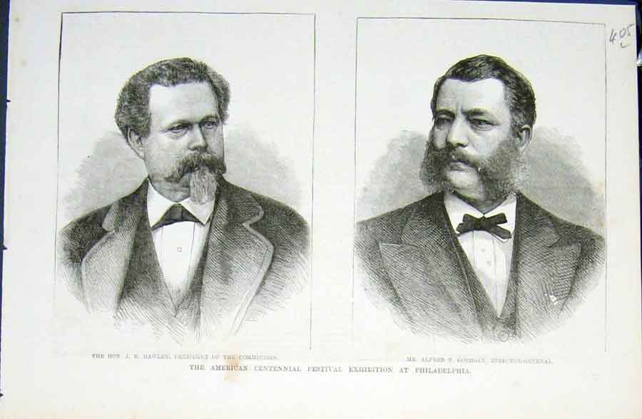 Original Old Antique Print Portrait Hawley Goshorn Exhibition Philadelphia 1876