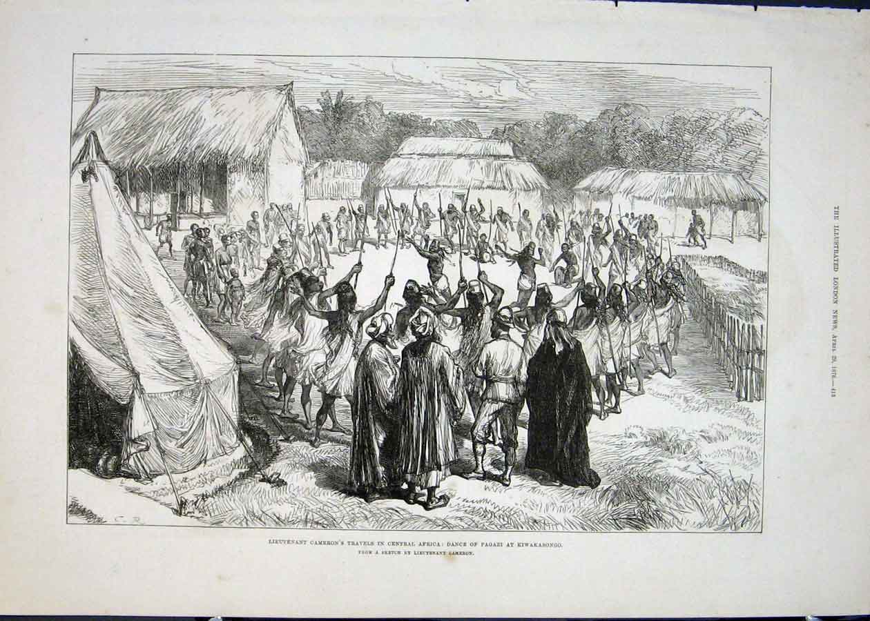 Original Old Antique Print Lieutenant Cameron Cantral Africa Pagazi Dance 1876