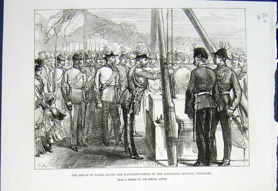Original Old Antique Print Prince Wales Alexandra Battery Gibraltar India 1876