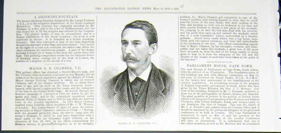 Original Old Antique Print Portrait Major Channer Victoria Cross 1876 Victorian