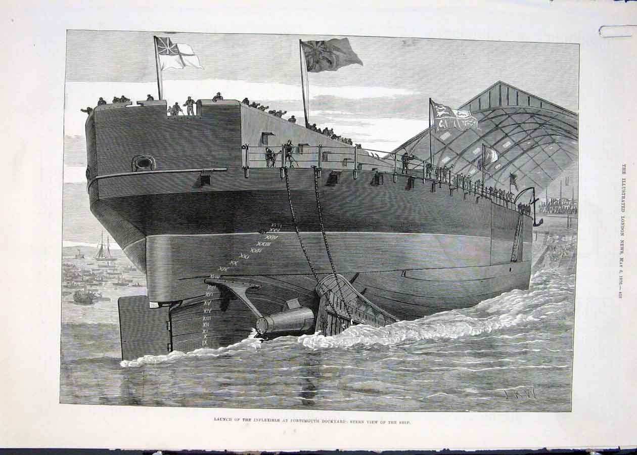 Old Antique Print Inflexible Portsmouth Ship Princess Louise Electricity