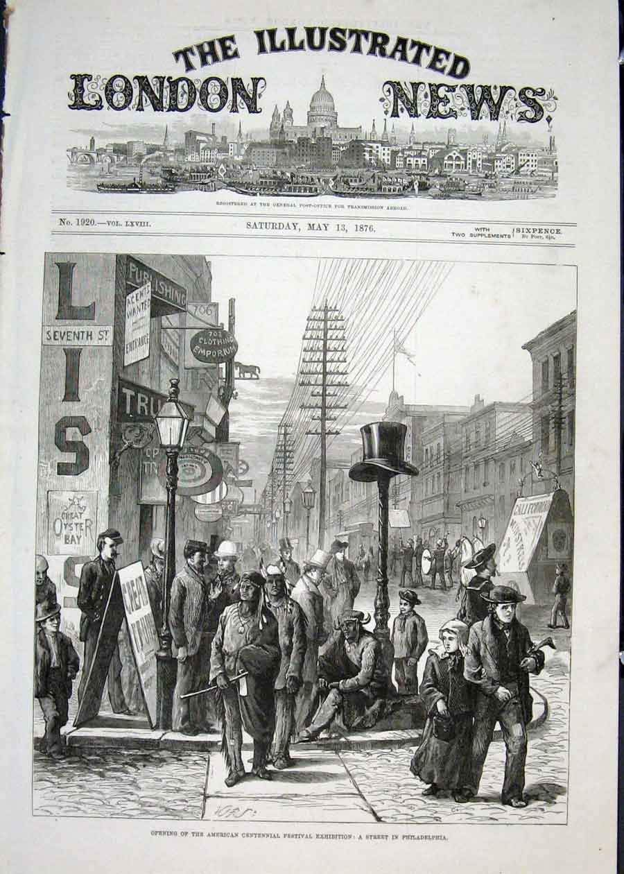 Original Old Antique Print Street Philadelphia Festival Exhibition America 1876