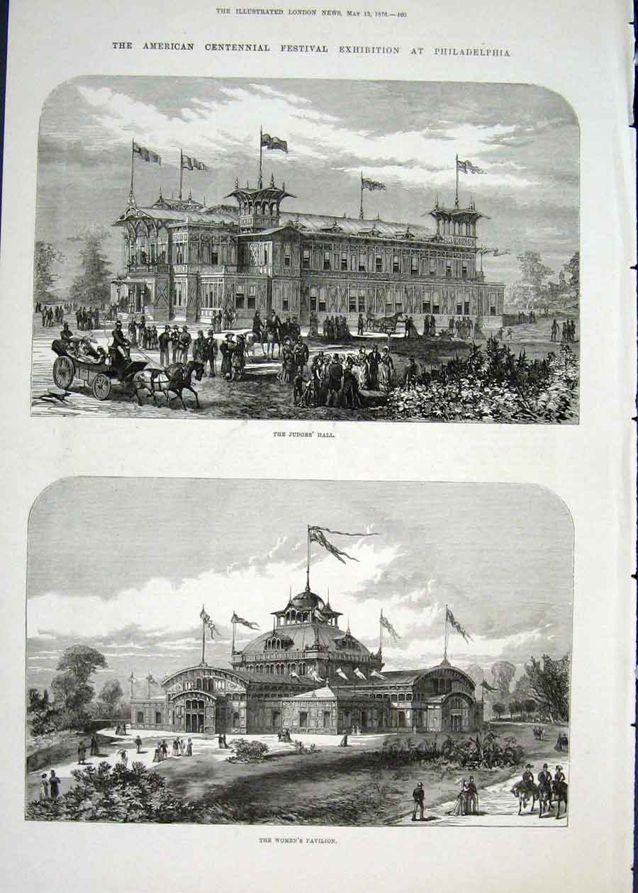 Original Old Antique Print Judge'S Hall Pavilion American Festival Philadelphia