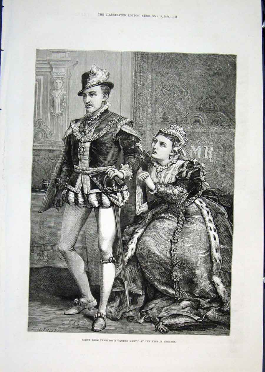 Original Old Antique Print Tennyson Queen Mary Lyceum Theatre London 1876 19th