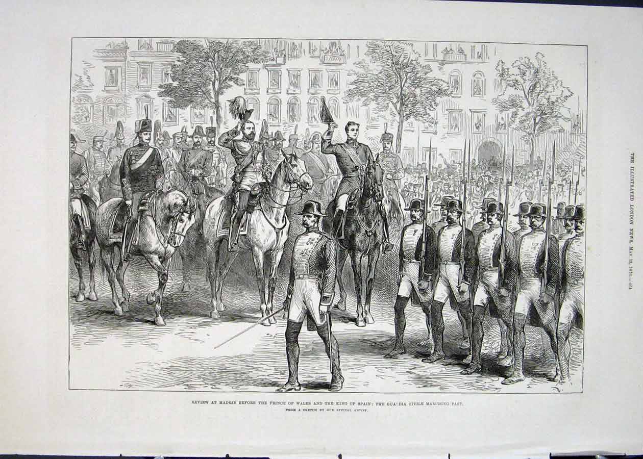 Original Old Antique Print Madrid Prince Wales King Spain Guards Guardia 1876