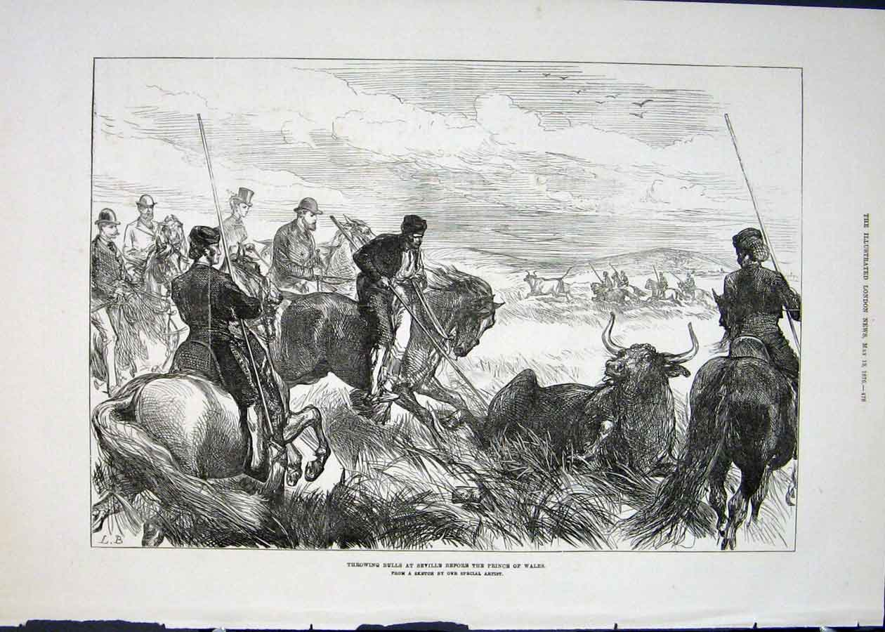 Original Old Antique Print Bulls Seville Prince Wales Spain Spanish 1876 19th