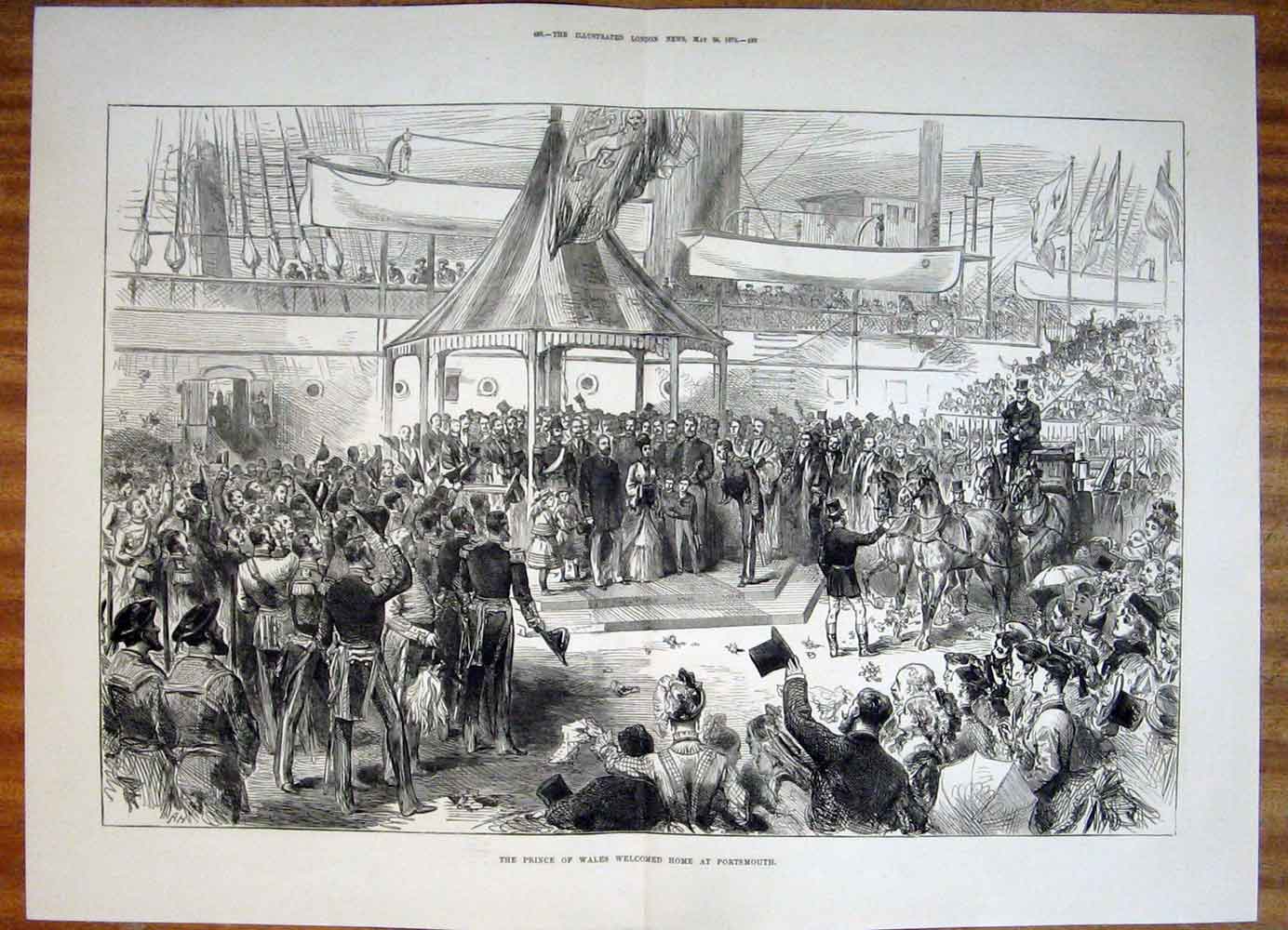 Original Old Antique Print Prince Wales Portsmouth Welcome Home 1876 Victorian
