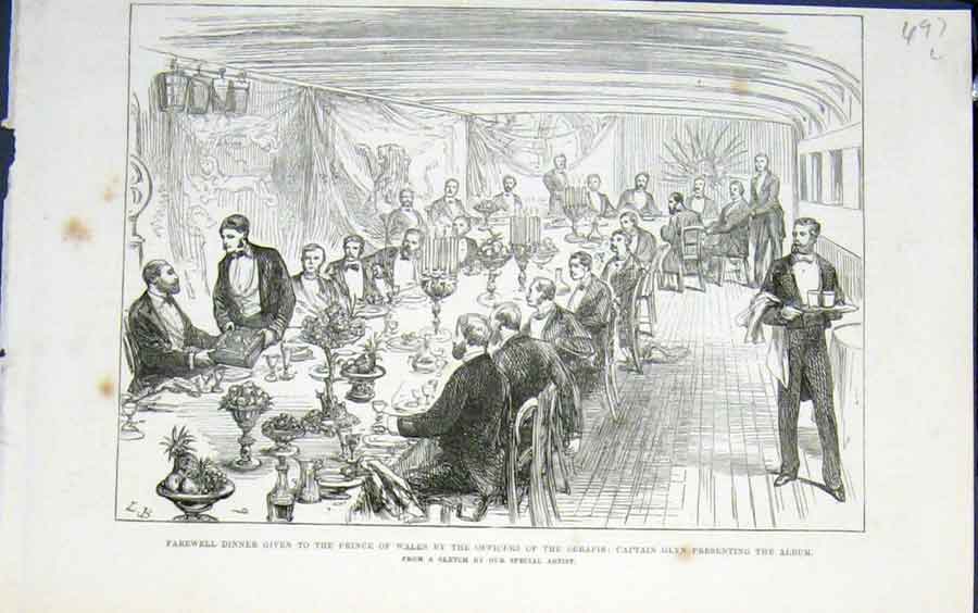 Original Old Antique Print Dinner Prince Wales Serapis Captain Glyn Album 1876