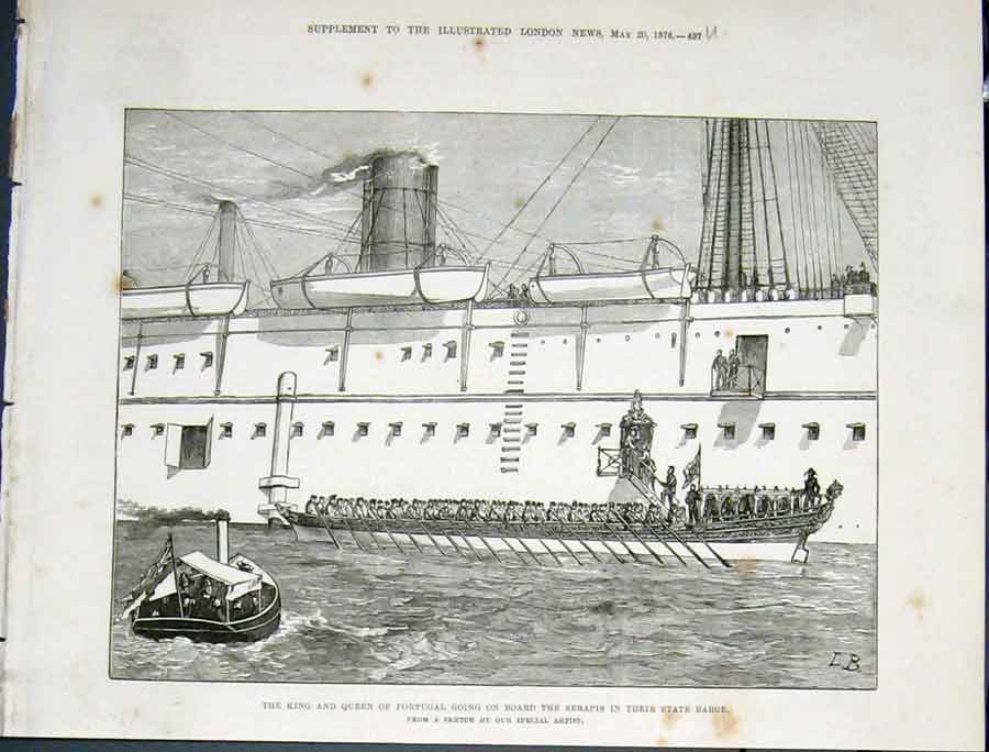 Original Old Antique Print Portugal King Queen Serapis State Barge 1876 19th