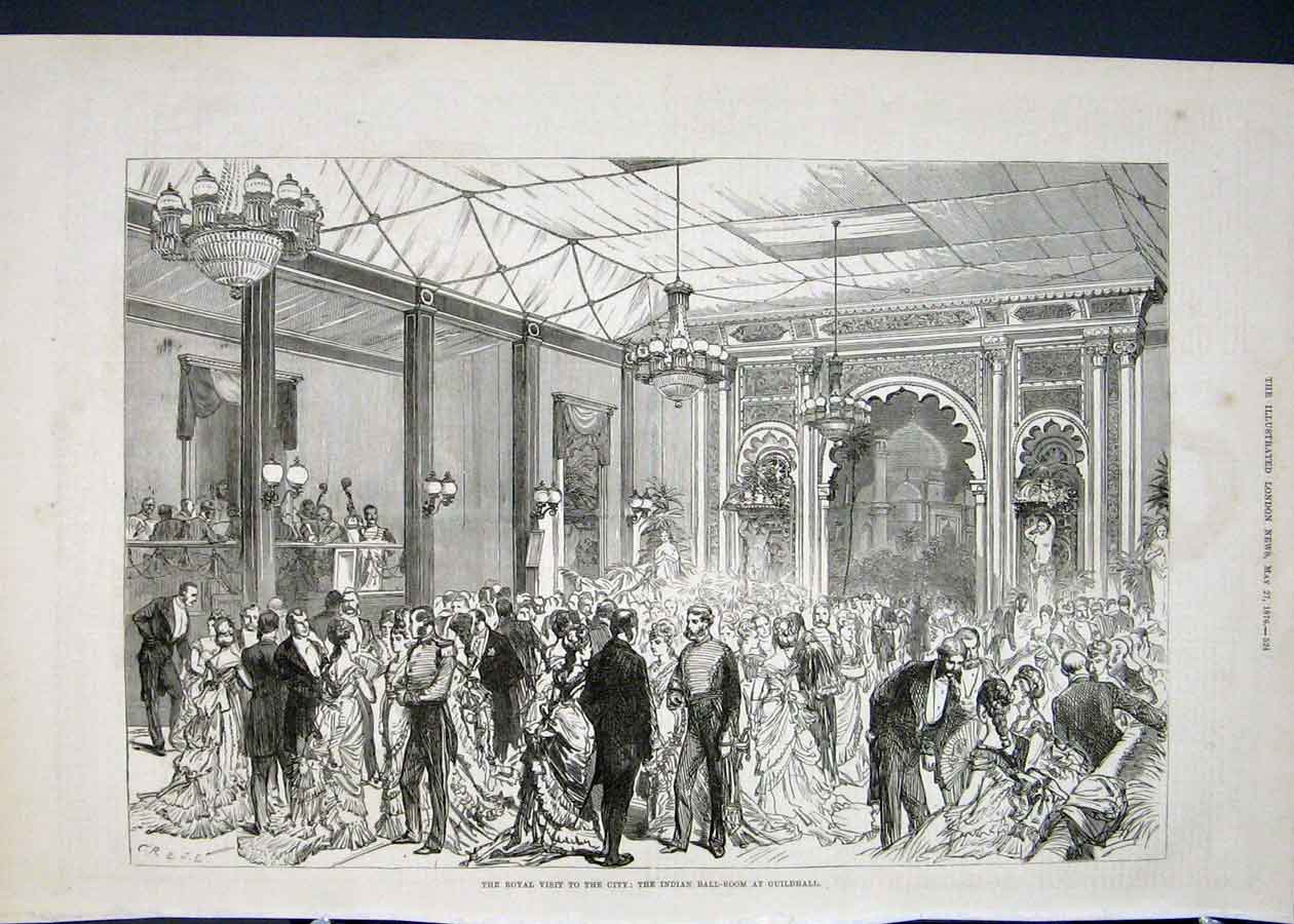 Original Old Antique Print Indian Ball Room Guildhall London Royal 1876 19th