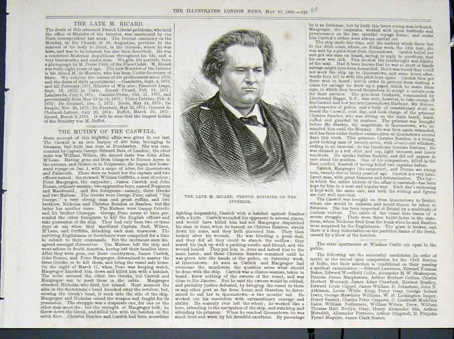 Original Old Antique Print Portrait Ricard French Minister Interior 1876 19th