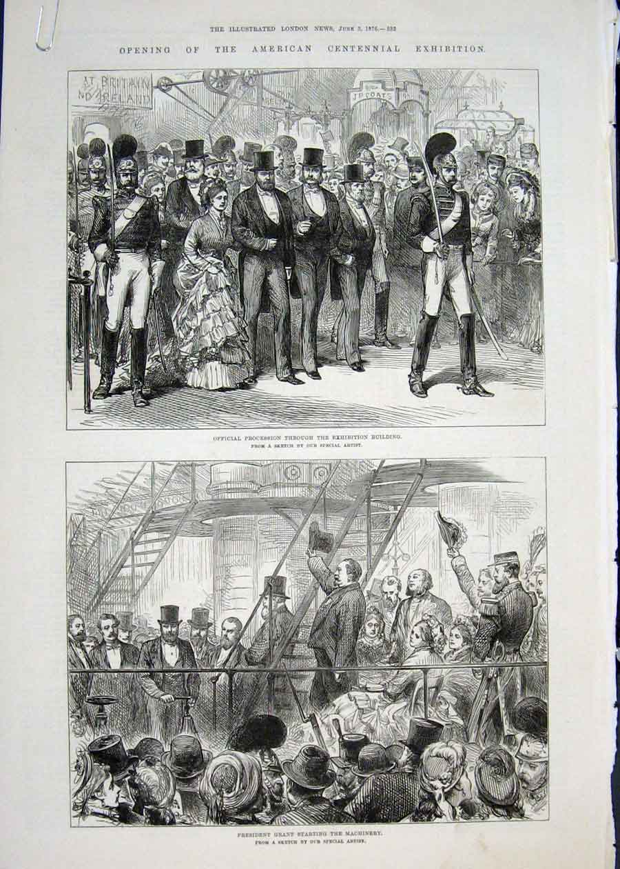 Old Antique Print Grant America Centennial Exhibition Sandford Machinery