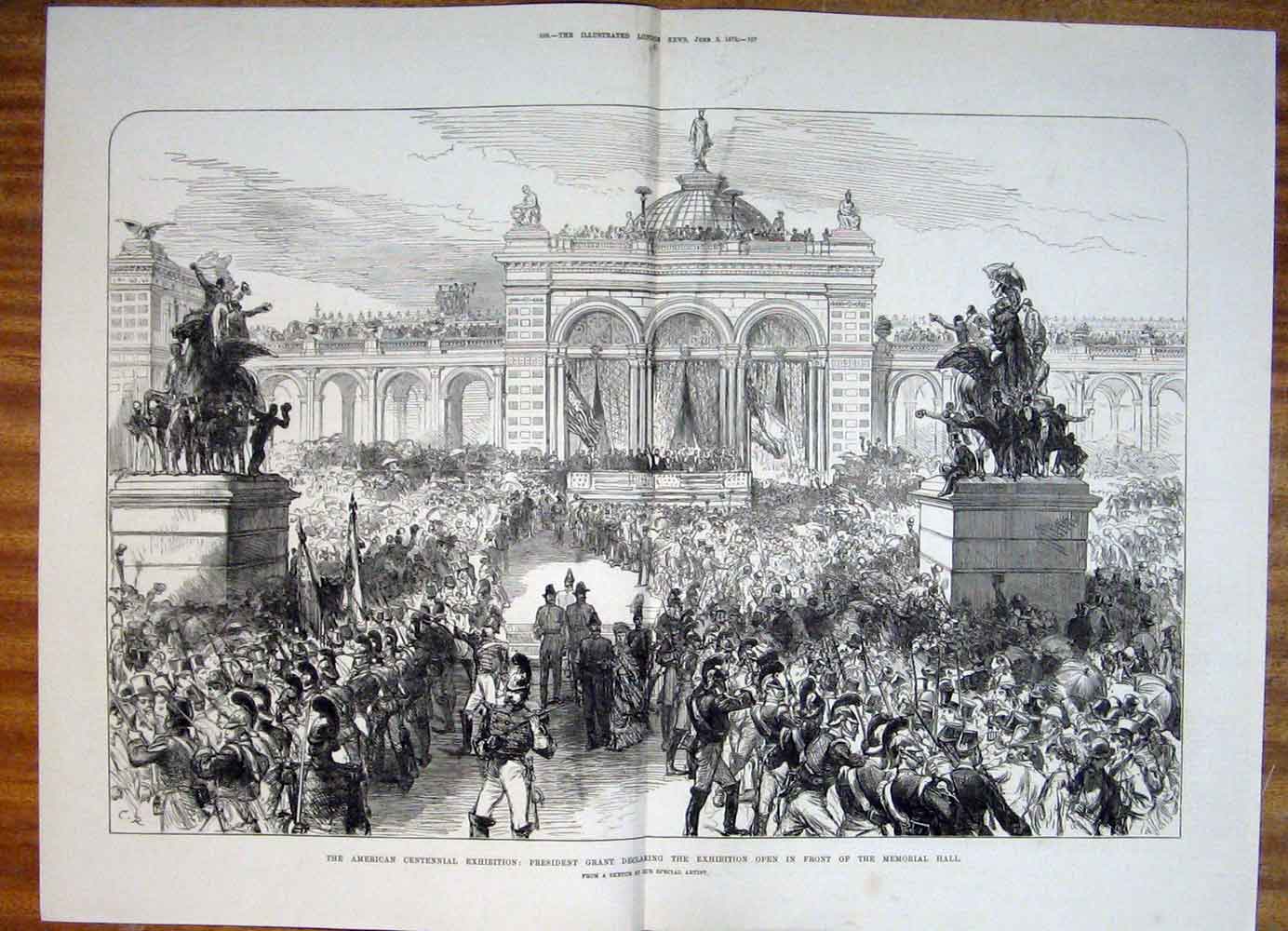 Original Old Antique Print President Grant American Centennial Exhibition 1876