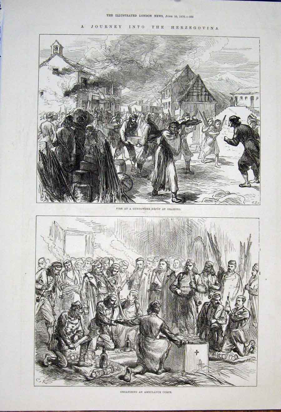 Old Antique Print Herzegovina Gunpwder Depot Grahovo Ambulance Corps 1876 19th