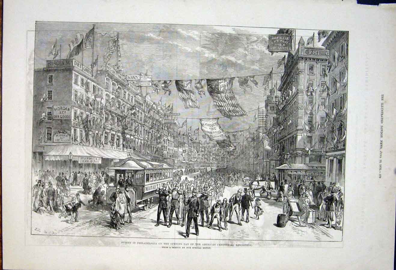 Original Old Antique Print Street Philadelphia American Exhibition America 1876