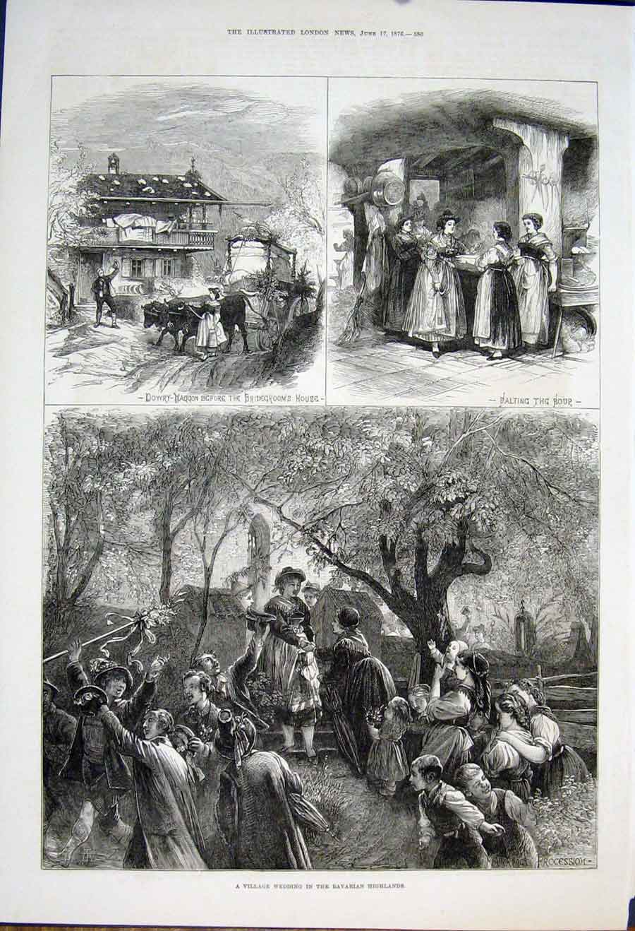 Original Old Antique Print Village Wedding Bavarian Highlands Bavaria 1876 19th
