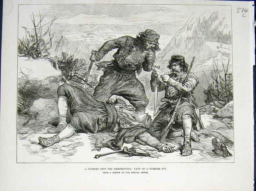 Original Old Antique Print Herzegovina Journey Turkish Spy Fate Sketch 1876