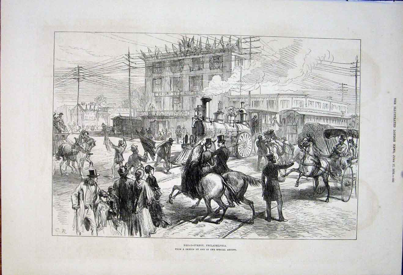 Original Old Antique Print Broad Straat Philadelphia America Sketch 1876 19th