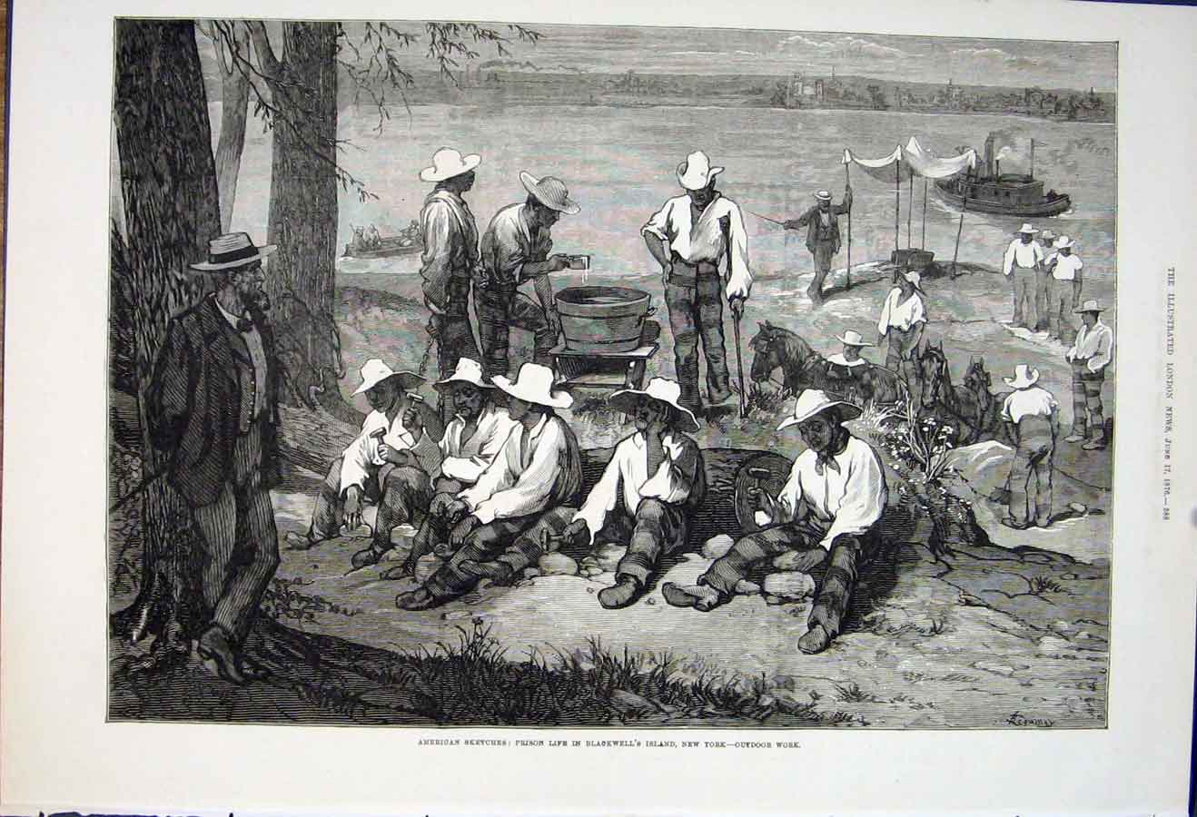 Original Old Antique Print Blackwall'S Island Prison New York America 1876 19th