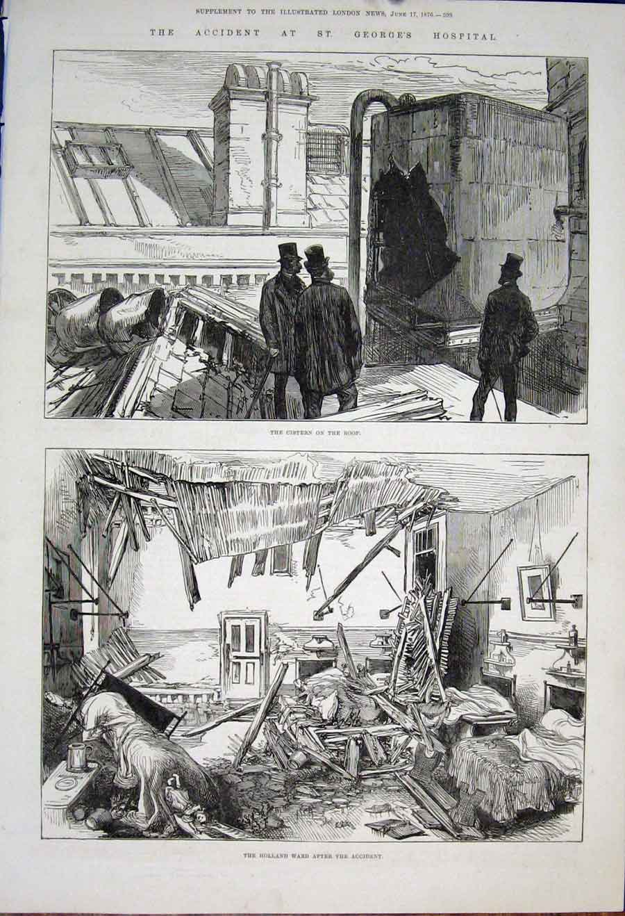 Original Old Antique Print Accident St George'S Hospital London Cistern Ro1876