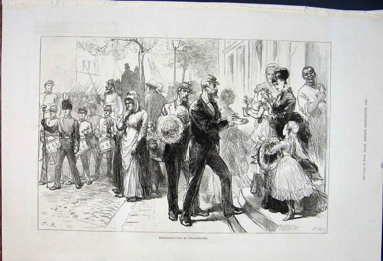 Original Old Antique Print Decoration Day Philadelphia America Usa 1876 19th