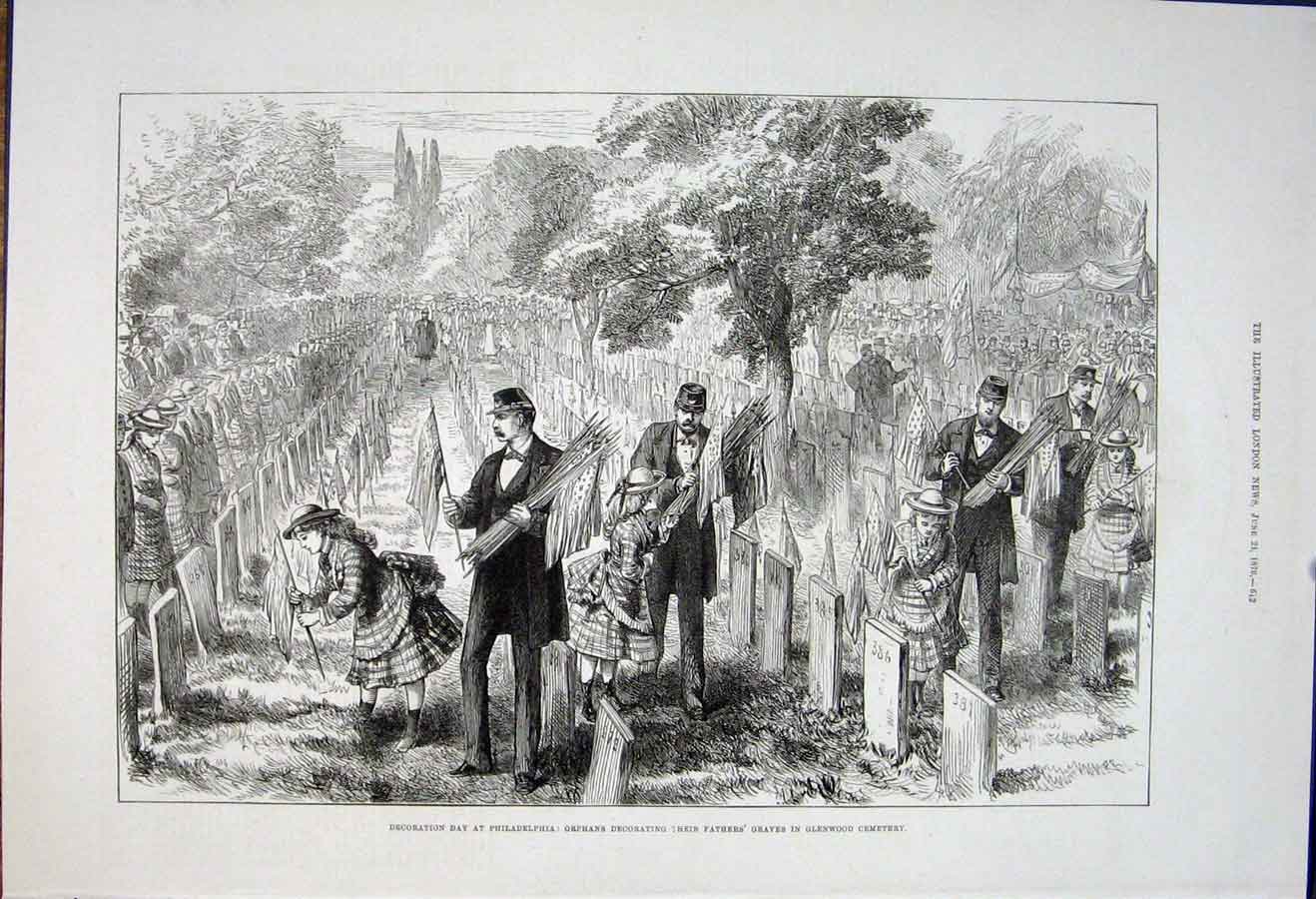 Original Old Antique Print Decoration Day Philadelphia Glenwood Cemetery America
