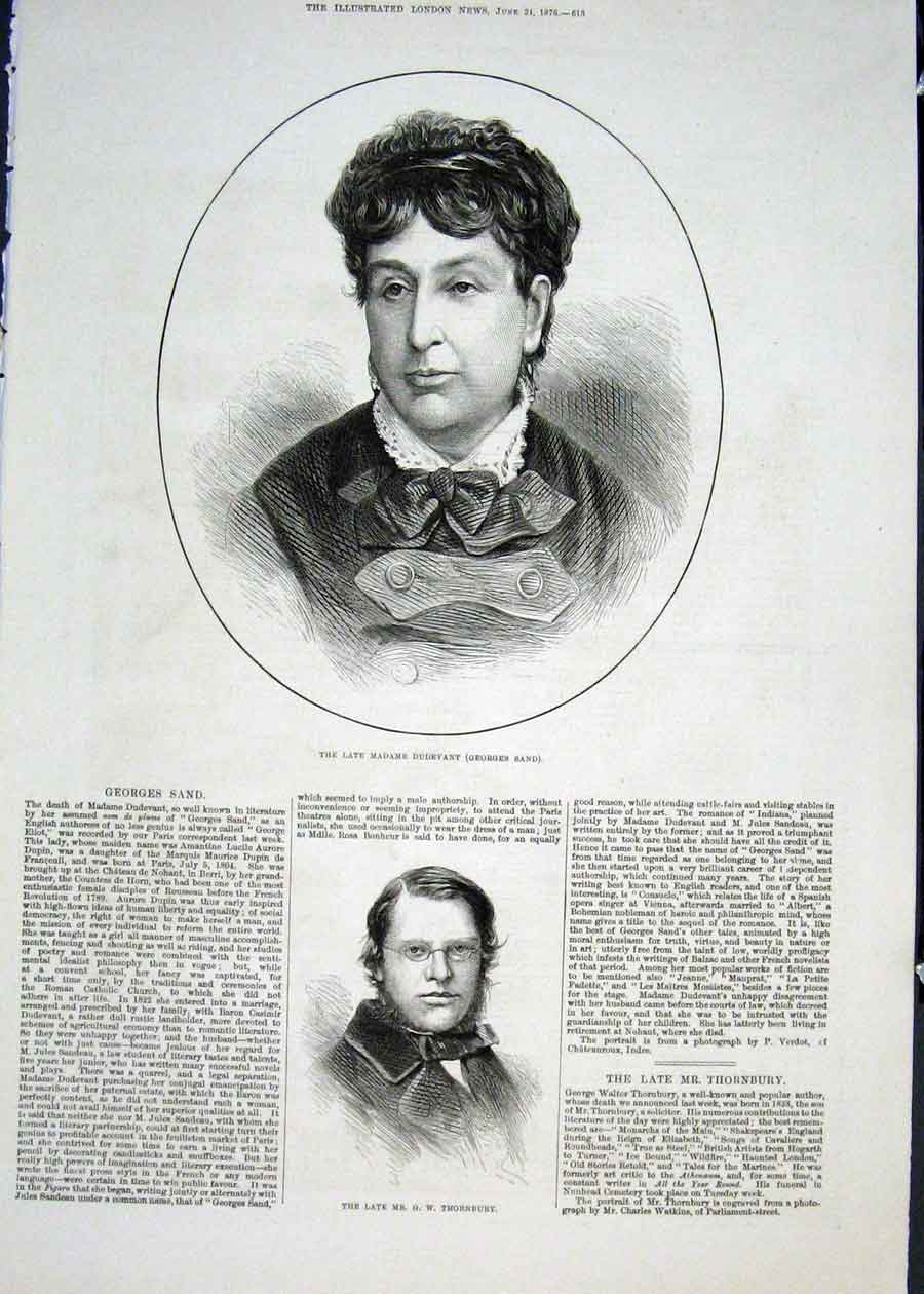 Original Old Antique Print Portrait Dudevant Georges Sand Thornbury 1876 19th