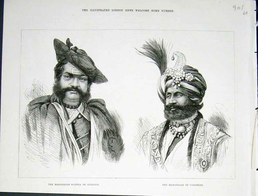Original Old Antique Print Portrait Maharajah Scindia Gwalior Cashmere 1876