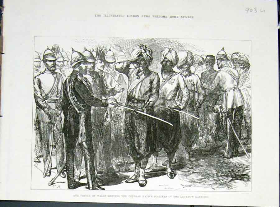 Original Old Antique Print Prince Wales Veteran Siers Lucknow Garrison 1876
