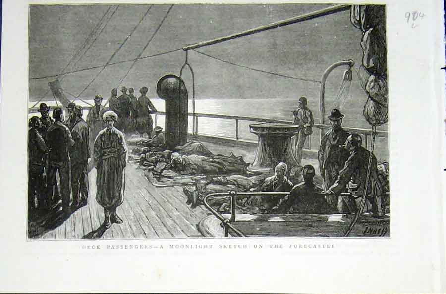 Original Old Antique Print Deck Passemgers Moonlight Forecastle Sketch 1876