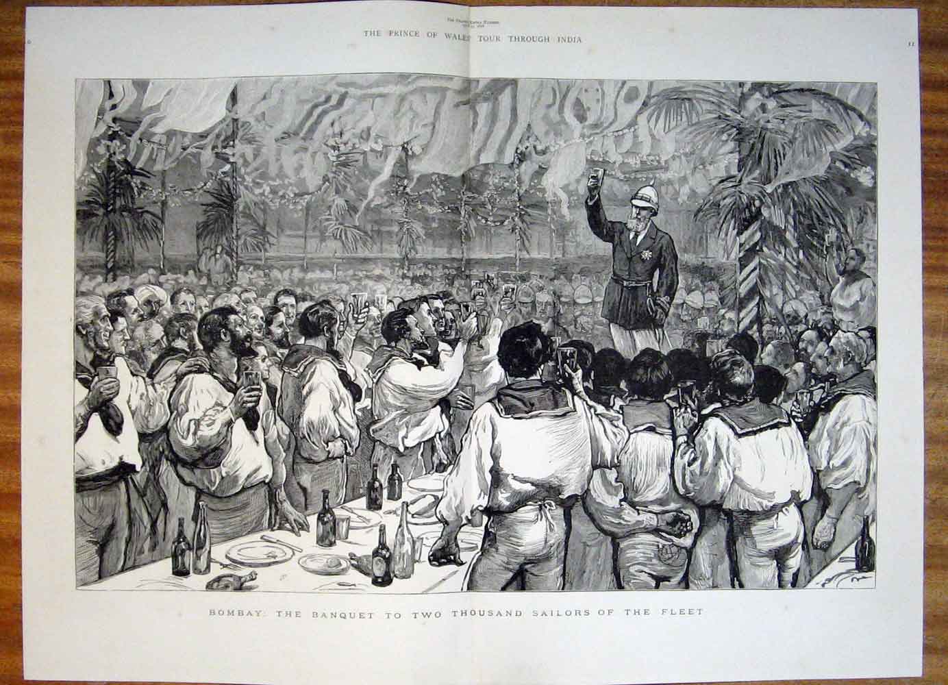 Original Old Antique Print Bombay Banquet Fleet Sailors India 1876 Victorian