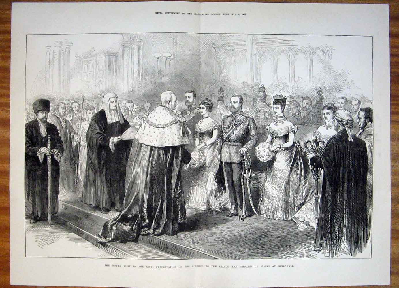 Original Old Antique Print Guildhall Prince Princess Wales Presentation 1876