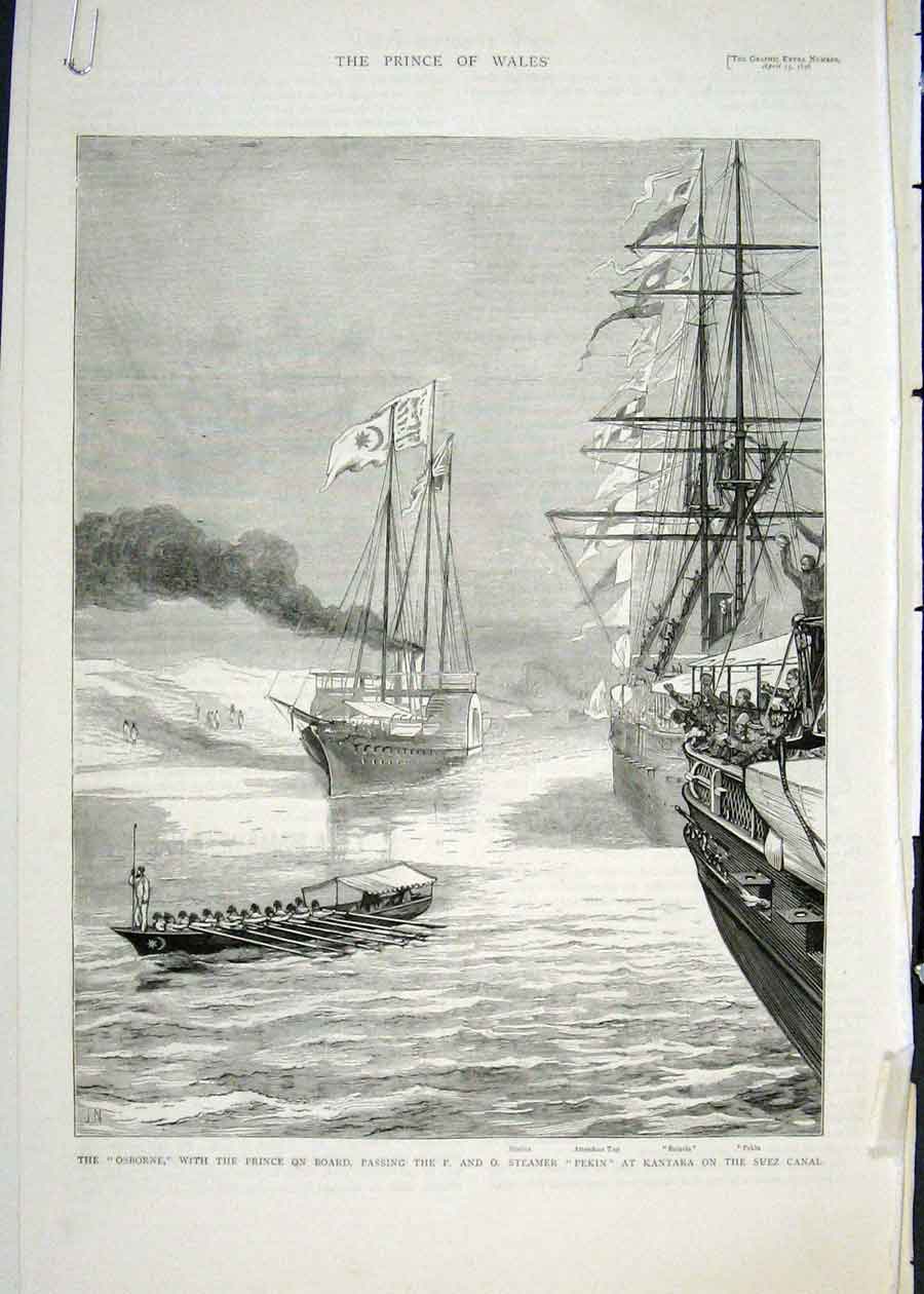 Original Old Antique Print Osborne Ship Steamer Pekin Suez Canal Serapis Yacht