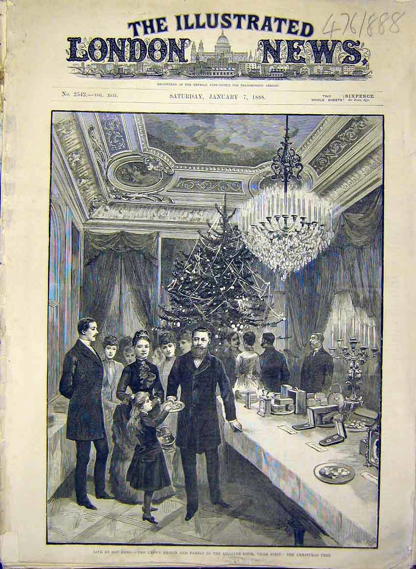 Original Old Antique Print San Remo Prince Billiard Vella Zirio Christmas 1888