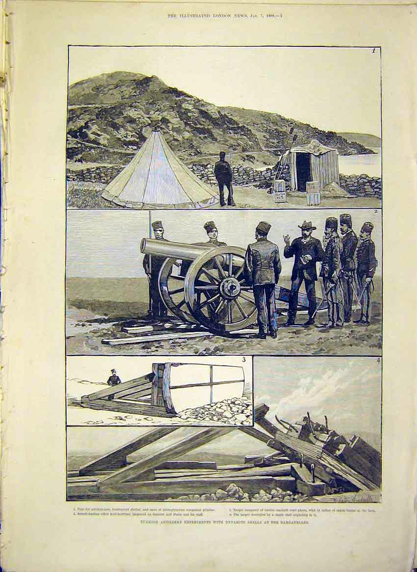 Original Old Antique Print Turkish Artillery Dynamite Shells Dardanelles 1888