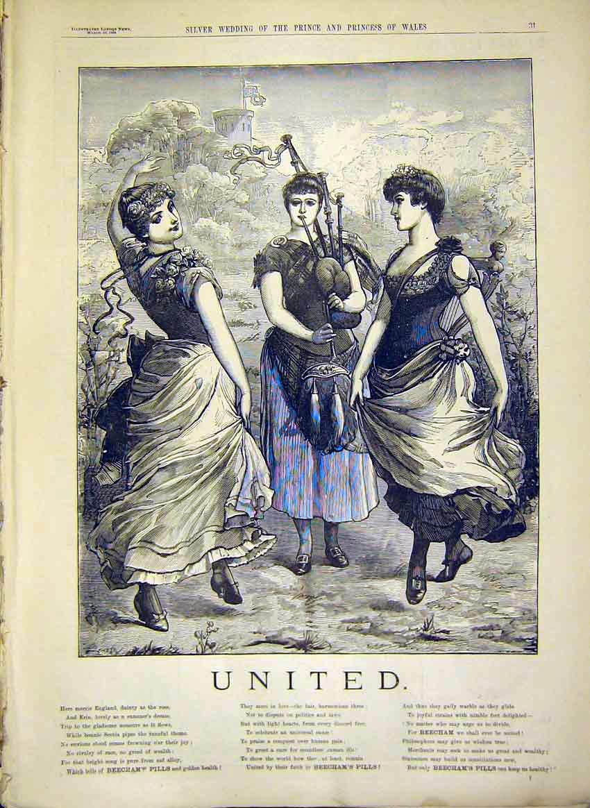 Original Old Antique Print United Beecham'S Pills Advert 1888 19th
