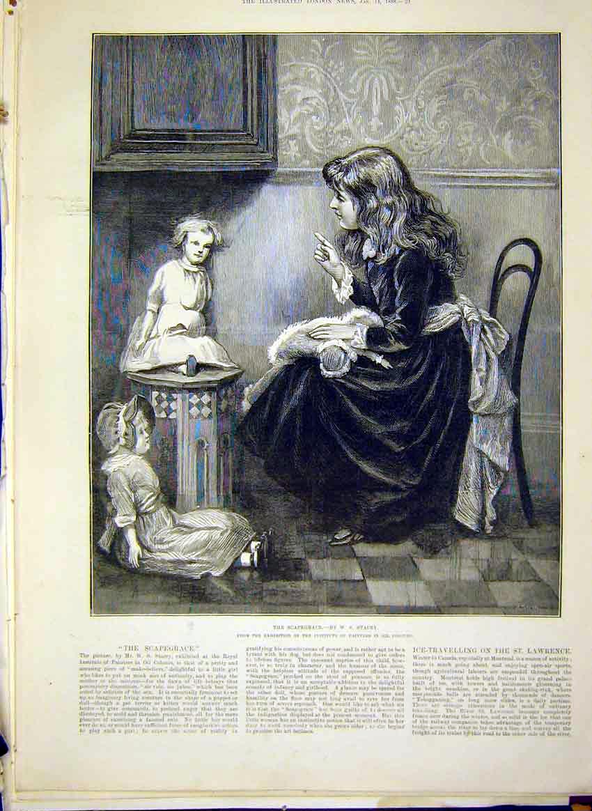 Original Old Antique Print Scapegrace Stacey Fine Art 1888 Girl Dolls Child 19th