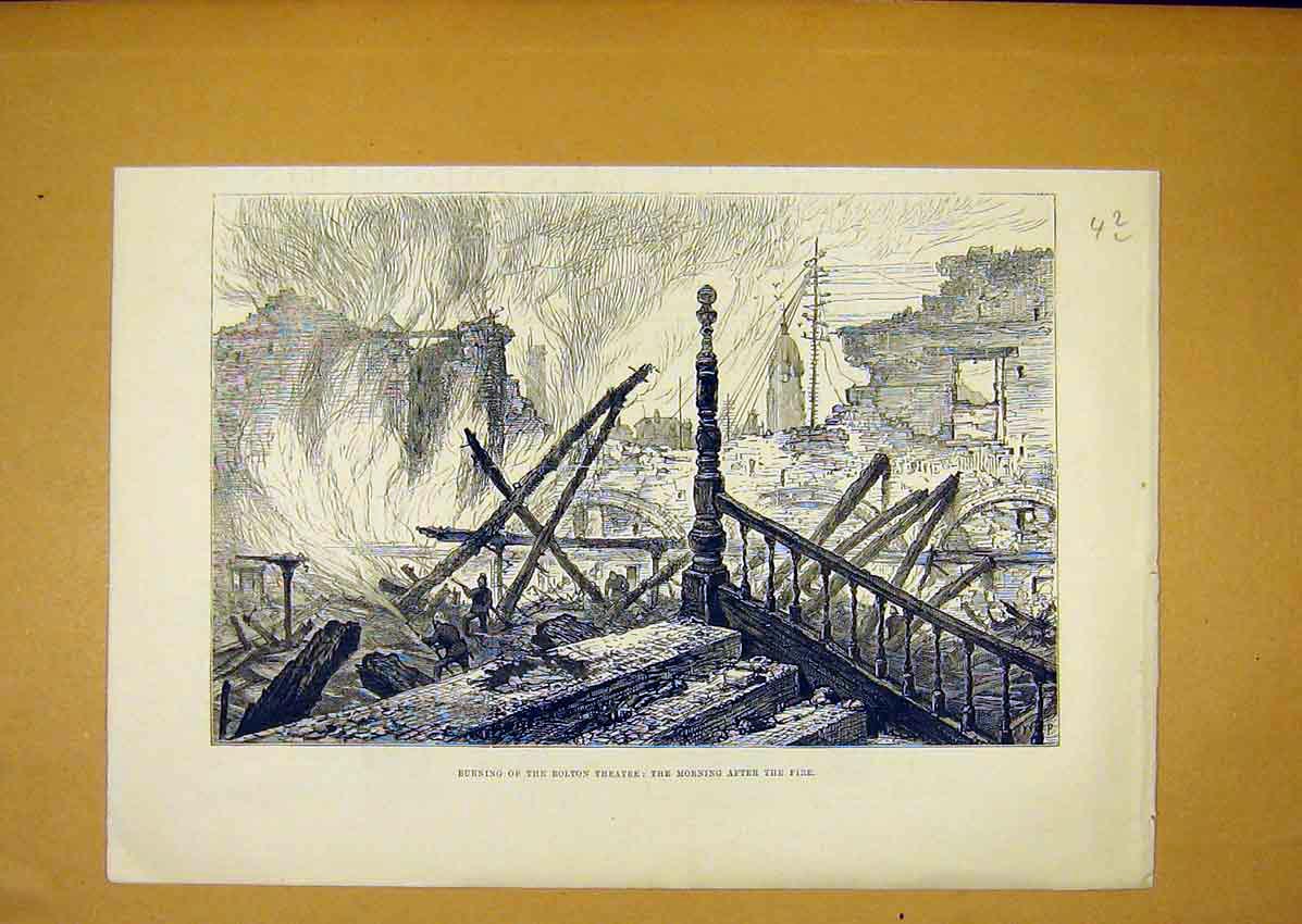 Original Old Antique Print Bolton Theatre Fire Wreck Ruins 1888 19th