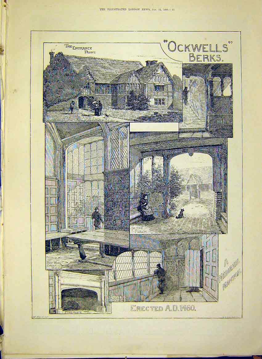 Original Old Antique Print Ockwells Berkshire Mediaeval Mansion Building 1888