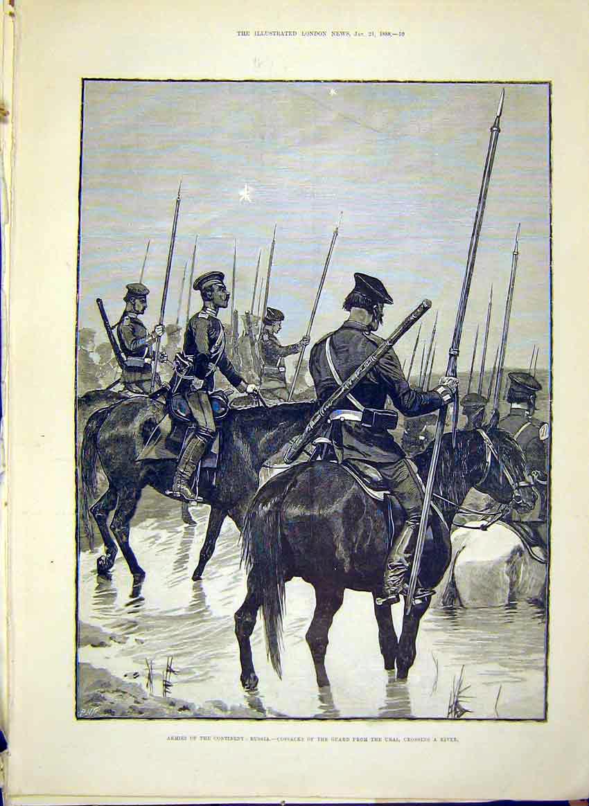 Original Old Antique Print Army Military Russia Cossacks Guard Ural River 1888