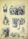 Original Old Antique Print Sketches Berling Germany Bierhalle Nurse Thiergarten