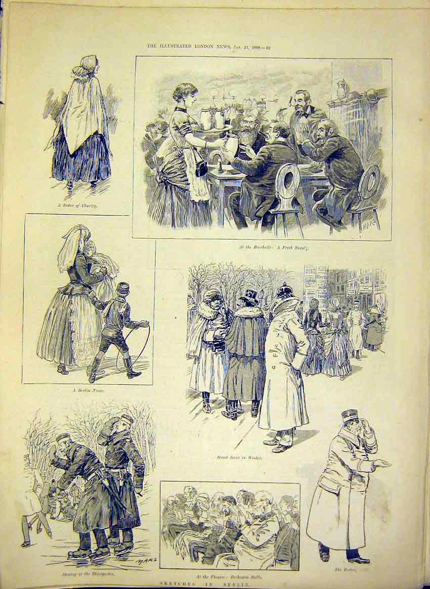 Original Old Antique Print Sketches Berling Germany Bierhalle Nurse Thiergarten