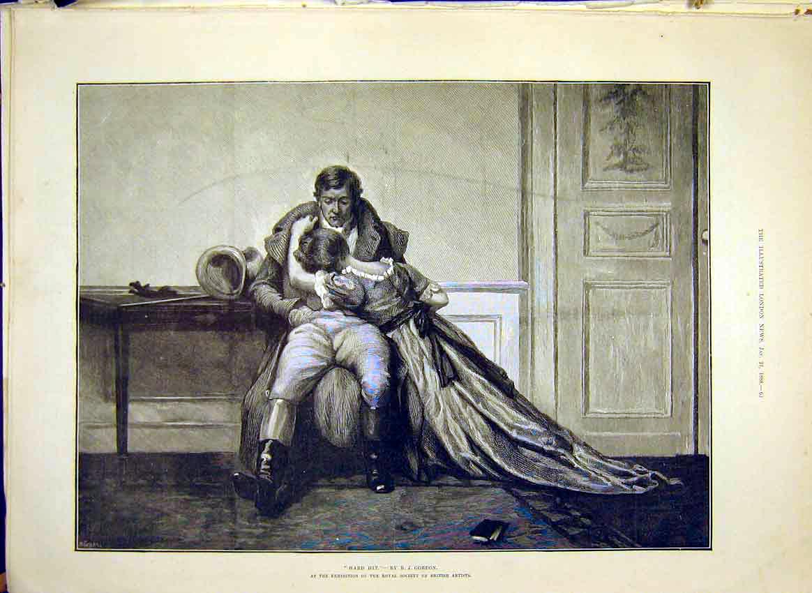 Original Old Antique Print Hard-Hit Gordon Fine Art 1888 Lady Man 19th