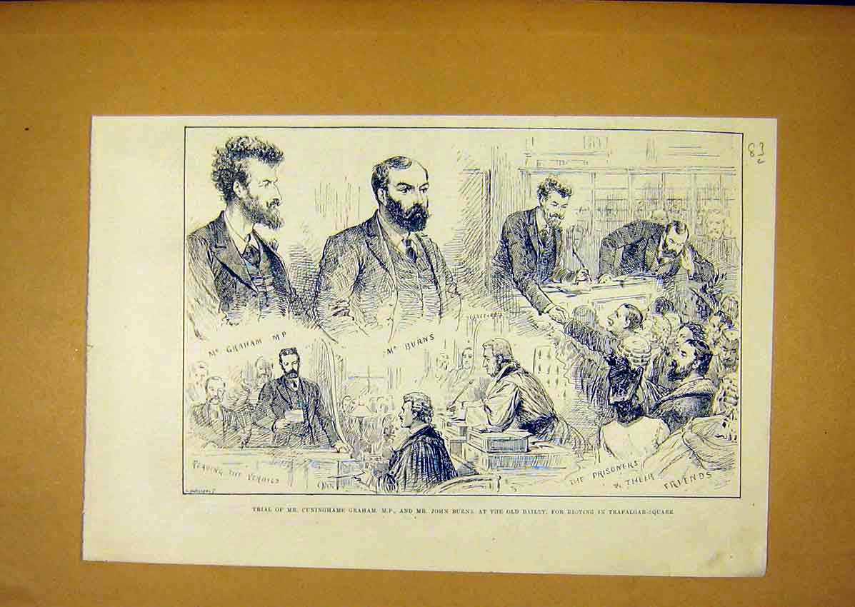 Original Old Antique Print Trial Graham Mp Burns Bailey Riot 1888 Trafalgar
