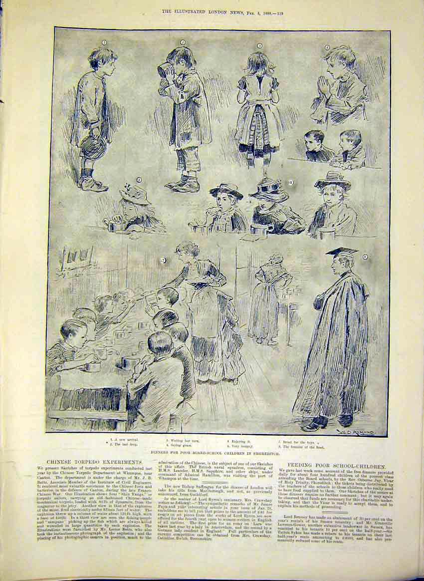 Original Old Antique Print Dinner Poor Board-School Children Shoreditch 1888