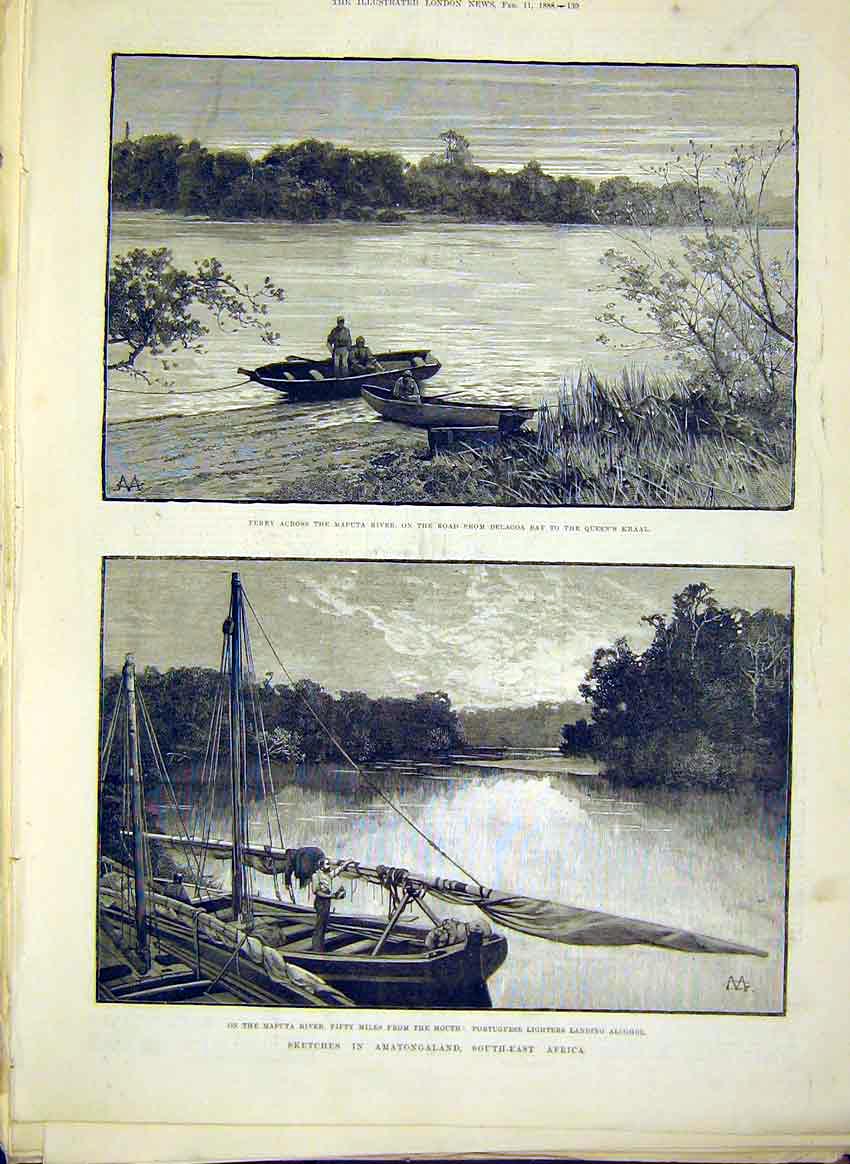 Original Old Antique Print Sketches Africa Maputa River Alcohol Portugese 1888